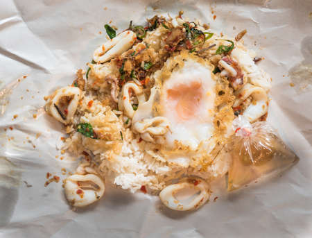 hot & spicy fried rice with calamari and basil flavourの写真素材