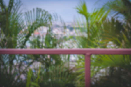A blurred image of trees planted in the rooftop garden of a city tall building.の写真素材