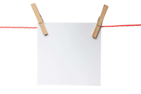 Note hanging on a clothesline. Isolated on a white . 