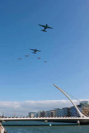 DUBLIN, IRELAND - SEPT 15: FlightFest over Samuel Beckett Bridge in Dublin Ireland on September 15, 2013: This fest is a exhibition of plane in Dublin. のeditorial素材
