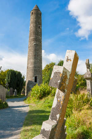The Old Cemetery. The round tower that stands in St. Kevin's Graveyard in Glendalough, County Wicklow, Ireland.の写真素材