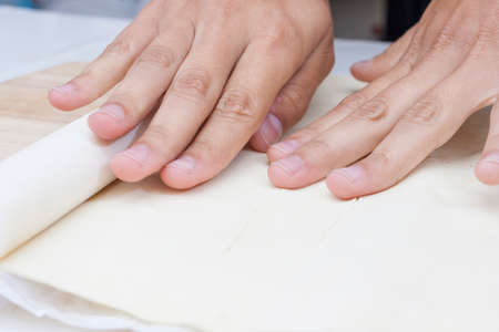 Preparing dough base to make sweet dessert