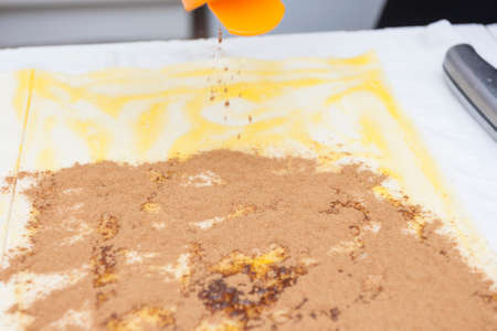 Pouring cinnamon on the puff making biscuitの写真素材