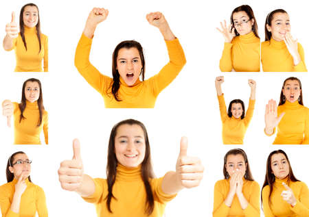 Woman different gestures collage isolated on white backgroundの写真素材