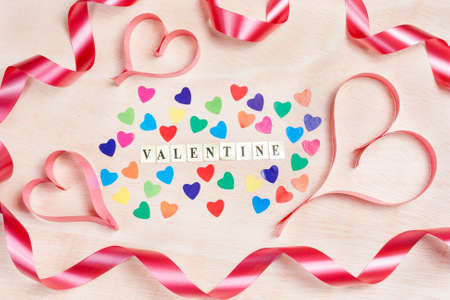 Valentine background written with hearts and ribbonの写真素材