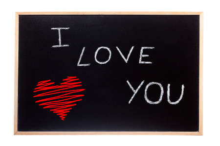 I love you written on a blackboard isolated on white backgroundの写真素材