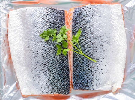 Fresh two steak of salmon preparation for baking