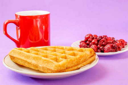 Closeup of delicious waffle with red berries and coffee on violet background