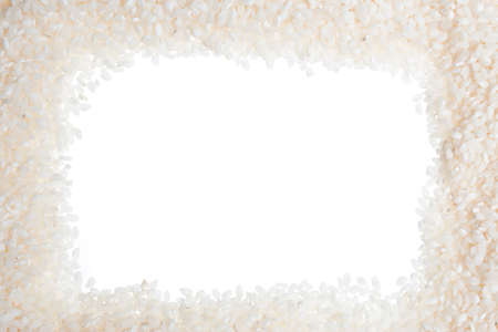 Raw rice frame with background on whiteの写真素材