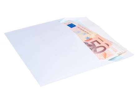 Euro notes in a envelope isolated on white backgroundの写真素材
