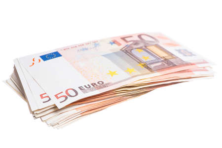 Fifty euro note pile isolated on white background