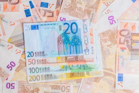 Closeup of different value euro banknotes backgroundの写真素材