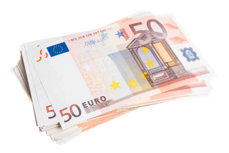 Fifty euro note pile isolated on white backgroundの写真素材