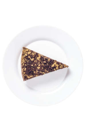 Chocolate cheesecake plate isolated on white background. Simulating play signの写真素材