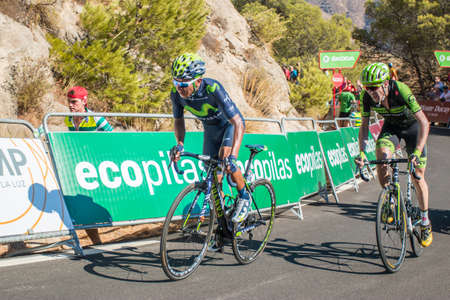 Malaga, Spain - August 23, 2015: Nairo Quintana and Daniel Martin on their last 500 metres on the Caminito del Rey stage at Tour of Spain in Malaga, Spain on August 23, 2015のeditorial素材