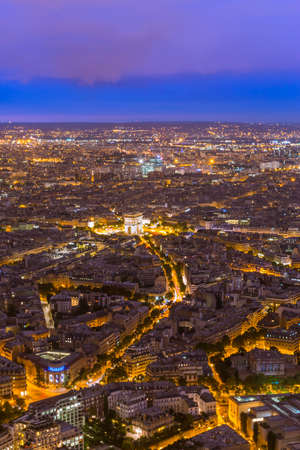 Aerial view to Arch of Triumph in Paris at nightの写真素材