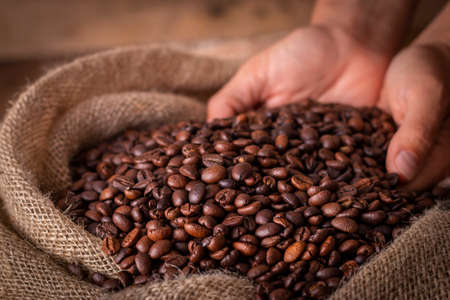 Crop close-up view of sack of fresh coffee beans with handsの写真素材