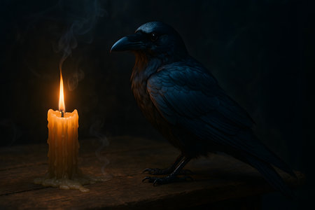 Crow with burning candle on dark background, closeup. Halloween conceptの素材