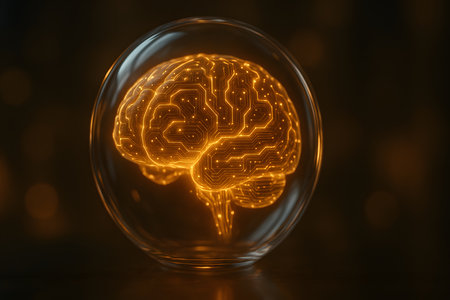 Human brain in a glass sphere on a dark background. 3d renderingの素材