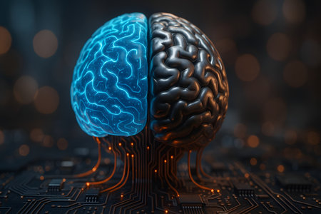3d illustration of human brain and computer circuit board, concept of artificial intelligenceの素材