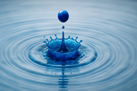 Water drop collision on a blue background. Splash effect after collision a falling drops with water Surfaceの素材