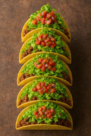 Mexican tacos with beef, tomato and lettuce on a wooden backgroundの素材