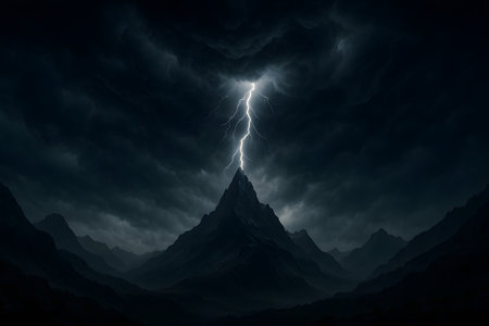 Lightning Strike Over Mountain Peak During Thunderstormの素材