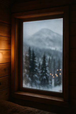 Cozy Cabin Window View of Snowy Mountain Forestの素材