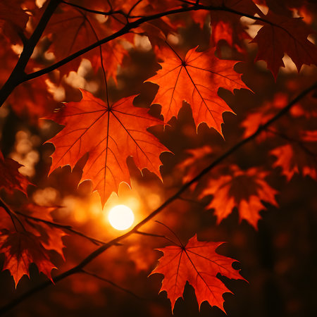 Maple leaves in autumn forest at sunset. Beautiful nature background.の素材