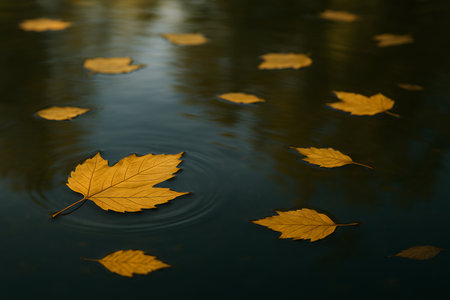 Autumn leaves on water surface with ripples, shallow depth of fieldの素材