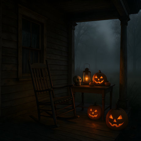 Halloween pumpkins on a porch at night. 3D renderingの素材
