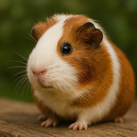 Cute Guinea Pig Close-Up on Wooden Surface â Adorable Pet, Soft Fur, Sharp Details, Realistic Animal Portraitの素材