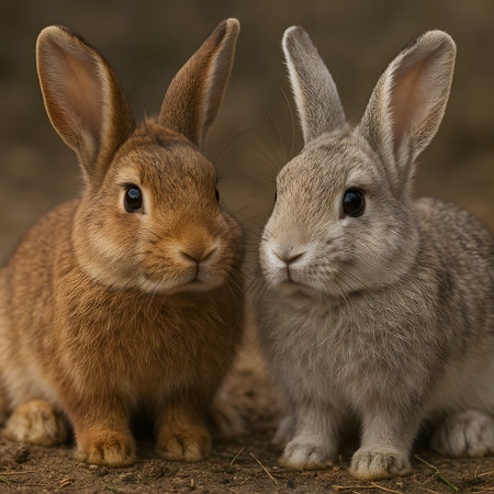 Two Cute Realistic Rabbits Sitting on the Ground in Natural Light, Ultra-Sharp Detail and Soft Backgroundの素材