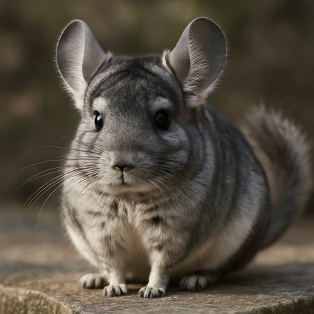 Realistic Chinchilla Portrait with Soft Fur and Natural Light on Stone Surfaceの素材