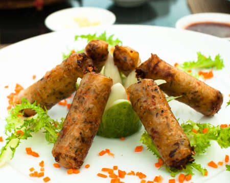 Asian spring rolls for lunch closeup viewの写真素材