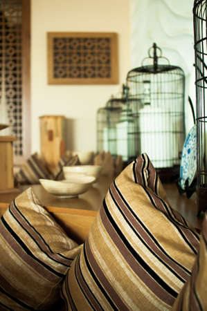 a sitting area with pillowsの写真素材