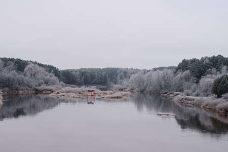 beautiful river view with frosty trees in late autumn