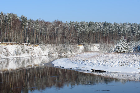 snow-covered trees in a nature park on the bank of a river where pieces of ice float in the waterの写真素材