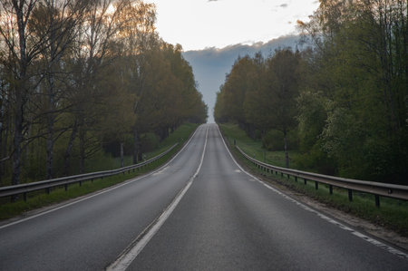 A quiet rural road lined with trees and guardrails stretches uphill into a cloudy sky, surrounded by spring forest during early evening or morning.の写真素材