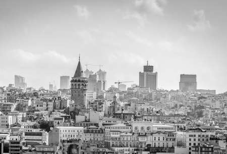Black and white Image of famous Galata tower. City scape of Istanbul, Turkey.の写真素材