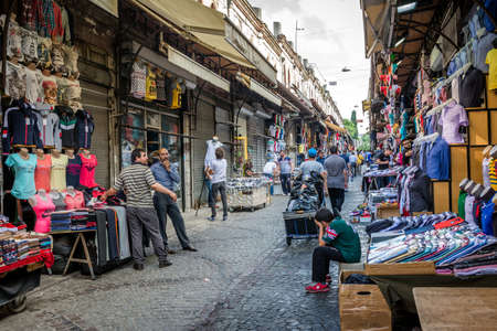 Istanbul, Turkey - July 07, 2015: People are shopping in the street shops of Istanbul. Male clothing in the turkish market.のeditorial素材