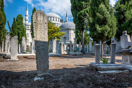 Istanbul, Turkey - July 07, 2015. Cemetery courtyard of famous Sleymaniye mosque in Istanbul. There are many historical headstones and graves.のeditorial素材