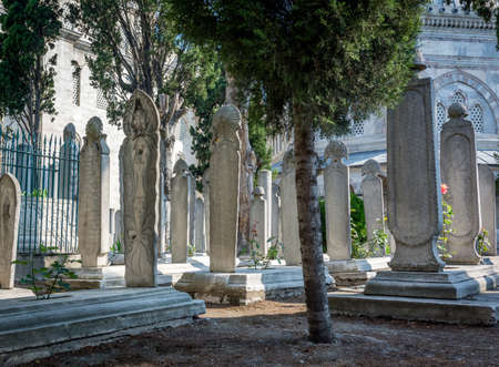 Istanbul, Turkey - July 07, 2015. Cemetery courtyard of famous SÃ¼leymaniye mosque in Istanbul. There are many historical headstones and graves.のeditorial素材