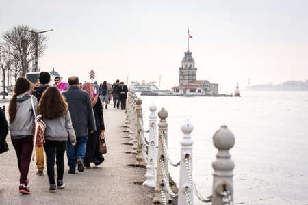 Istanbul, Turkey - January 21, 2015: People are spending time on the coast in Uskudar near the Maden's Towerのeditorial素材