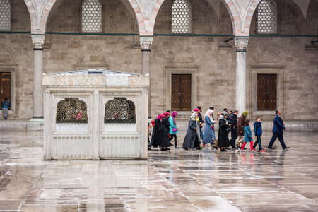Istanbul, Turkey - May 03, 2015: People are visiting the courtyard of the Suleymaniye Mosque in a rainy day in Istanbul, Turkeyのeditorial素材