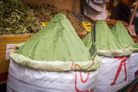 Istanbul, Turkey - March 10, 2015: Sacks with henna powder on oriental market in Istanbul, Turkeyのeditorial素材
