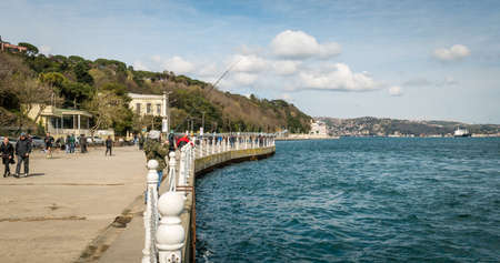 Istanbul, Turkey - March 27, 2016: Men are fishing on the coast of Bosphorus in Tarabya, Istanbul, Turkeyのeditorial素材