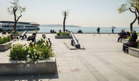 Istanbul, Turkey - April 06, 2016: People are spending their leasure time in Besiktas near the Bosphorus in Istanbul, Turkeyのeditorial素材