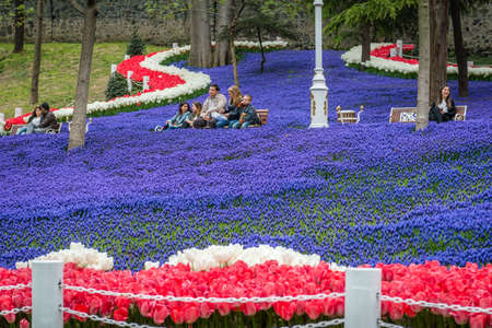 Istanbul, Turkey - April 08, 2016: Locals and tourists are enjoying the spring time in gulhane park. It is the oldest public park in istanbulのeditorial素材