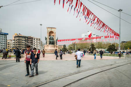 Istanbul, Turkey - April 08, 2016: People are walking near the Republic Monument at Taksim square in Istanbul, Turkeyのeditorial素材